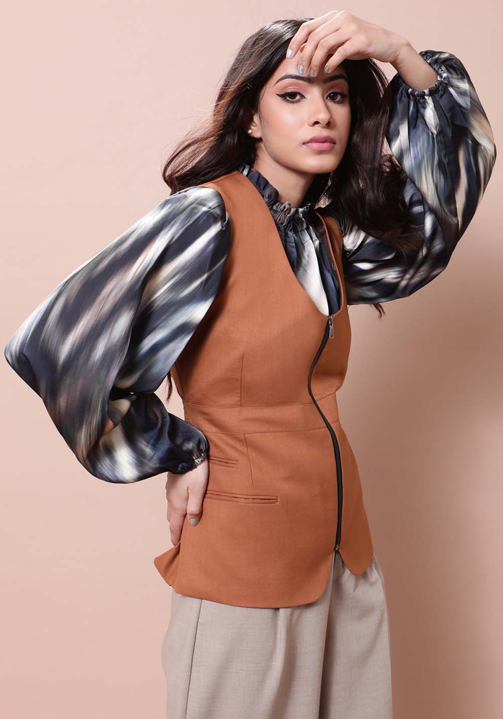 Women's  Round-Neck brown Waistcoat with Zip Closure