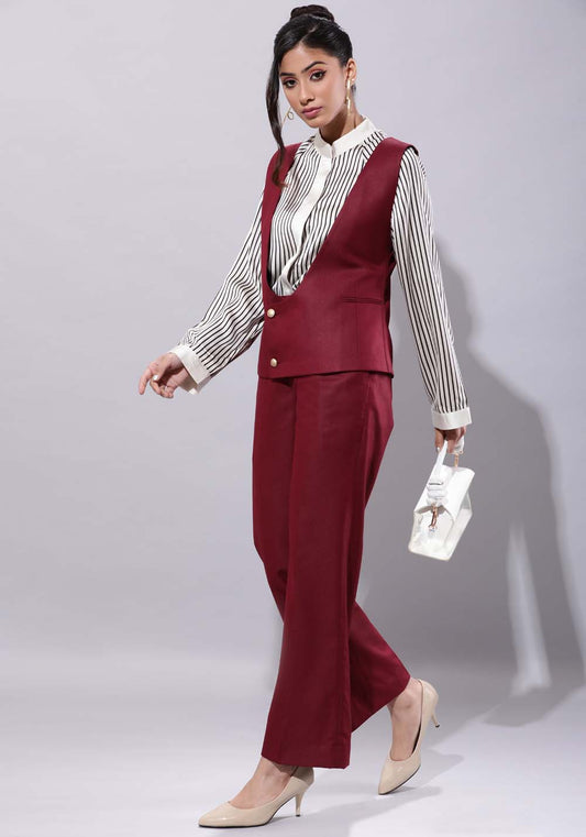 Women's Maroon Deep Neck Waistcoat With Culottes Set