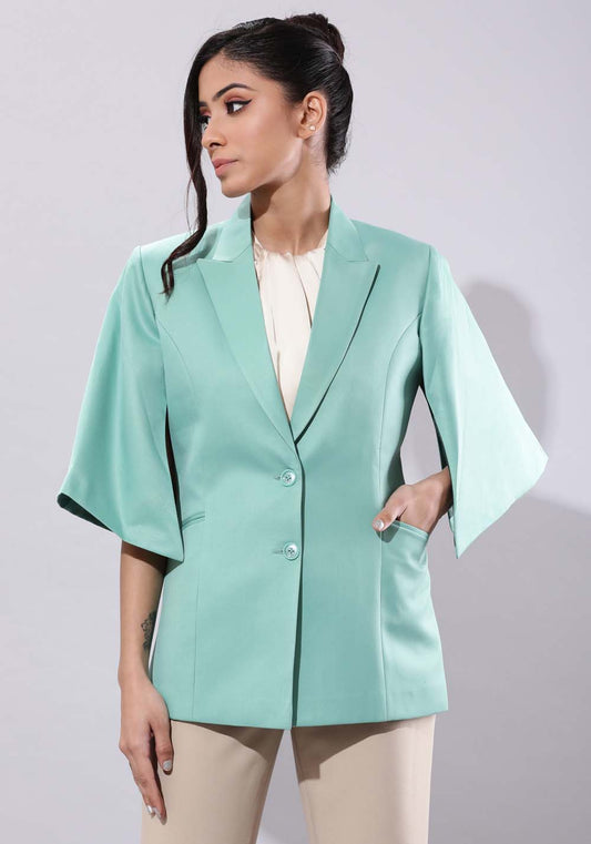 Women's Sea Green Slit Sleeves Blazer