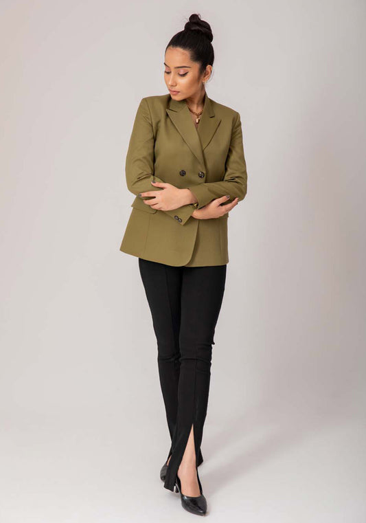 Women Olive Green Double breasted blazer